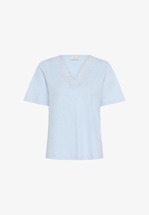 T-shirt azzurro chiaro a maniche corte, con scollatura a V decorata con pizzo. Morbido, con una texture liscia e una vestibilità rilassata. Senza ulteriori motivi.