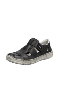 Schwarze Ledersandale mit Ausschnittdesign, verstellbarem Riemen und strukturierten grauen Sohlen. Verfügt über eine flexible Konstruktion für Komfort und Unterstützung.