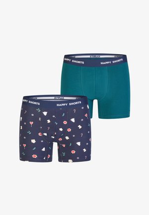 Twee paar herenshorts: één effen turquoise en één donkerblauw met kleurrijke feestthemapatronen. Taillebanden met het label "HAPPY SHORTS".