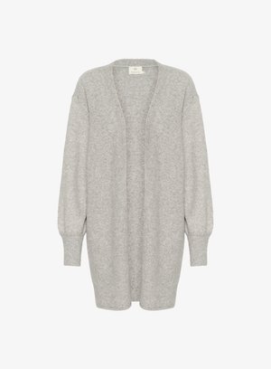 Svetlošedý kardigán, otvorený predný dizajn, dlhé rukávy s rebrovanými manžetami, jemná textúra, vyrobený z útulného pleteného materiálu.