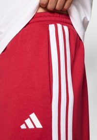 Raudonos sportinės kelnės su baltais šonais dryžiais ir Adidas logotipu. Pagamintos iš minkštos medžiagos, turi elastingą juosmenį ir šonines kišenes.
