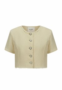 Kurzärmelige, cropped Jacke aus strukturiertem Creme-Stoff mit fünf perlenartigen Knöpfen und einem runden Halsausschnitt mit ausgefransten Kanten.