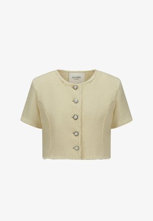 Korte mouwen, cropped jasje in een gestructureerde crèmekleurige stof met vijf parelachtige knopen en een ronde halslijn met rafelranden.