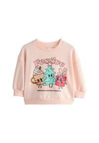 Rosa Kinder-Sweatshirt mit cartoonhaften Charakteren von heißer Schokolade, einem Weihnachtsbaum und Geschenken, Text "Festliche Freunde – Weihnachtsbesties für immer."
