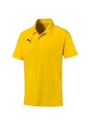Men's yellow polo shirt made of breathable fabric, featuring a black Puma logo on the upper left side, short sleeves, and a collared neckline.