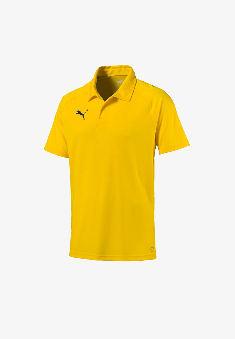 Heren gele polo shirt van ademend materiaal, met een zwart Puma-logo aan de bovenlinkerkant, korte mouwen en een kraag.