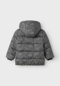 Grau gefütterte Jacke mit Kapuze, die ein Dinosaurier-Muster aufweist. Die Jacke hat ein gestepptes Design und elastische Bündchen für zusätzliche Wärme.