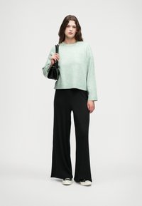 Pull court vert pâle à manches longues associé à un pantalon noir à jambes larges. La mannequin tient un sac à main noir et porte des baskets blanches.