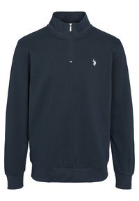 Marinblå kvartslång zip-tröja med långa ärmar och en liten vit broderad polo-spelare logotyp på vänster bröst.