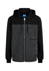 Μπουφάν με κουκούλα που διαθέτει μαύρο βαμβακερό πάνω μέρος, γκρι τζην μπροστινό κομμάτι, δύο μεγάλες μπροστινές τσέπες και κλείσιμο με φερμουάρ με λεπτομέρεια λογότυπου.