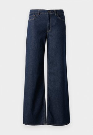 Wide-leg jeans in dark blue denim. Features contrast stitching, five pockets, and a button closure at the waist. Smooth texture.