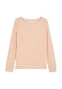 Helle Pfirsich Langarm-T-Shirt aus weichem Stoff mit weitem Ausschnitt und gerippten Bündchen. Schlichtes Design, ohne Muster oder Verzierungen.