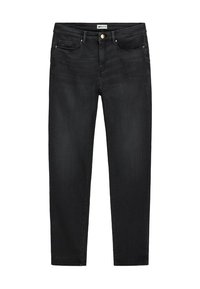 Jeans in denim nero con vestibilità slim, dotati di chiusura frontale con bottone, cinque tasche e dettagli di cucitura minimi. Texture liscia.