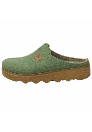 Green felt slipper with a rounded toe, cushioned insole, and textured rubber sole. Features a circular logo on the side.