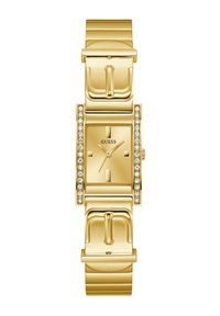 Reloj rectangular dorado con un acabado pulido, acentos de cristal y una correa de metal con cierre de broche.
