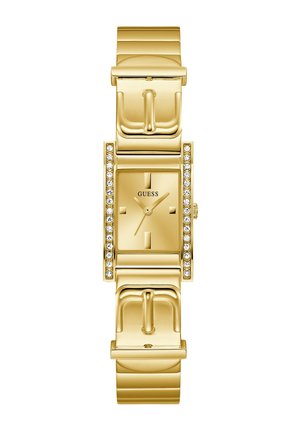Gold-tone rectangular watch with a polished finish, crystal accents, and a metal bracelet strap featuring a clasp closure.