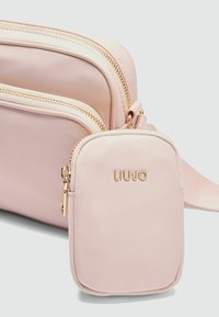 Rosa Nylon-Handtasche mit Reißverschlüssen in goldfarben, die zwei Fächer und eine kleinere abnehmbare Tasche mit geprägt Markenname umfasst.