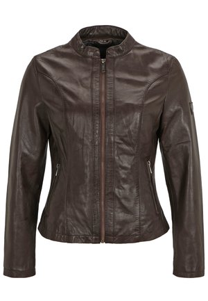 Braune Lederjacke mit Stehkragen, seitlichen Reißverschlusstaschen, schmalem Schnitt und glatter Textur. Keine sichtbaren Logos oder Muster.