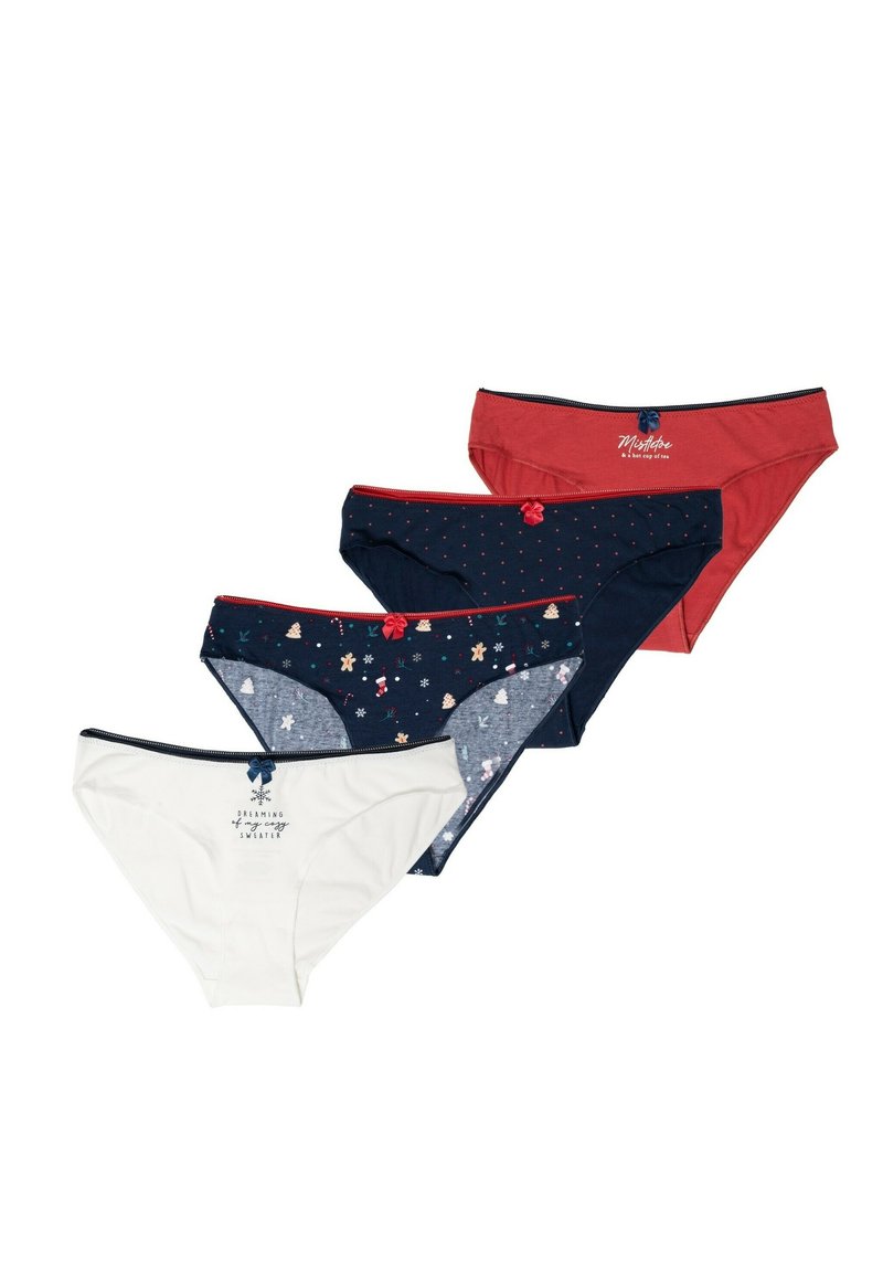Vier paren damesondergoed: wit, rood en marineblauw met verschillende patronen en texturen, waaronder stippen en feestelijke motieven.