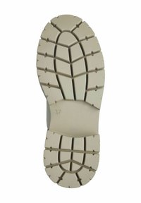 Semelle en caoutchouc beige avec un motif de semelle texturé et multidirectionnel ; taille indiquée comme 37 ; bords lisses et talon arrondi.