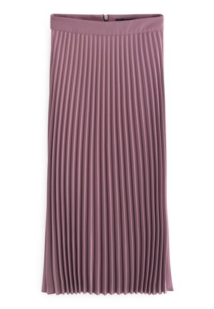 Jupe plissée mi-longue mauve avec ceinture à la taille et fermeture éclair au dos, réalisée en tissu lisse et léger.