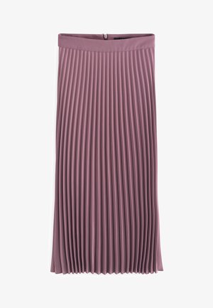 Jupe plissée mi-longue mauve avec ceinture à la taille et fermeture éclair au dos, réalisée en tissu lisse et léger.