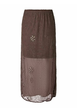 Brun gennemsigtig midi-nederdel med blomster- og abstrakt perlebroderi, elastisk taljebånd og lagdelt stofdesign.