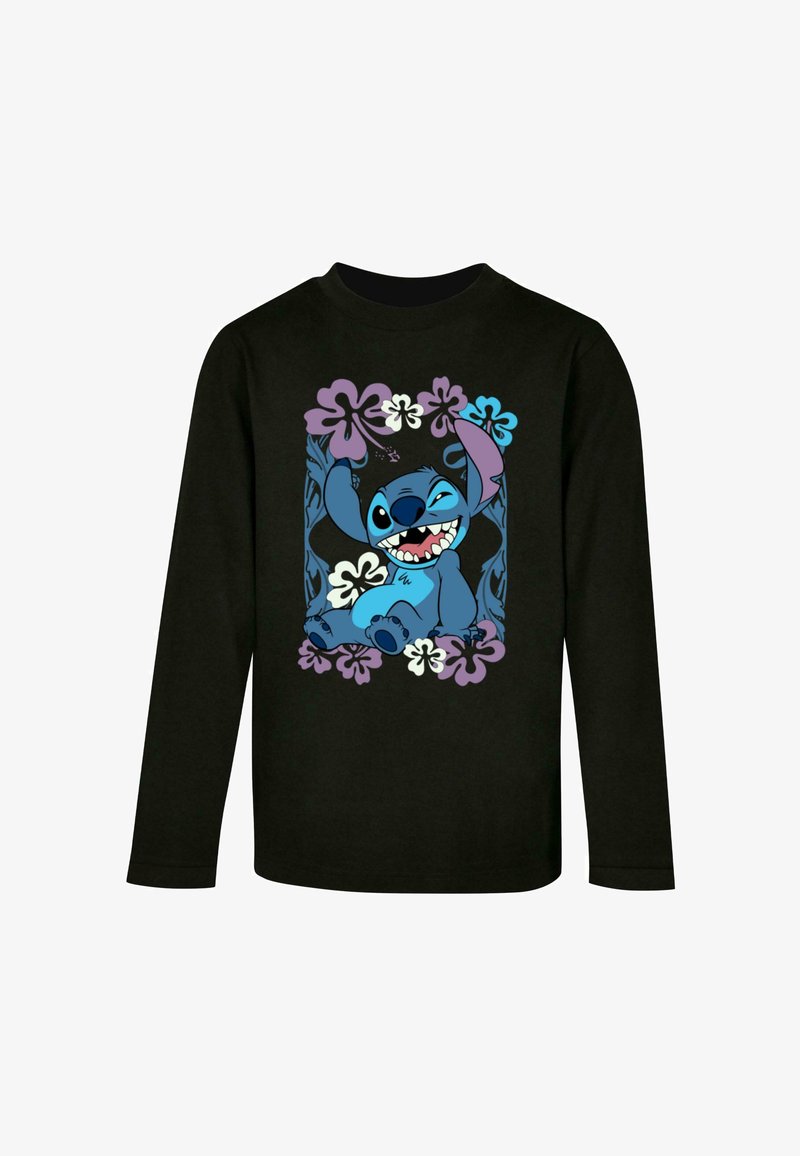 Long-sleeve black T-shirt featuring a blue cartoon character surrounded by purple and blue flowers in a playful design.