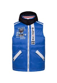 Blauer Puffer-Weste mit schwarzer Kapuze, kontrastierenden weißen Streifen, zwei Fronttaschen und Logos. Das Material wirkt glatt und isolierend.