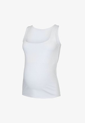 White maternity tank top featuring a scoop neckline, sleeveless design, and stretchy fabric for comfort. Smooth texture and fitted silhouette.