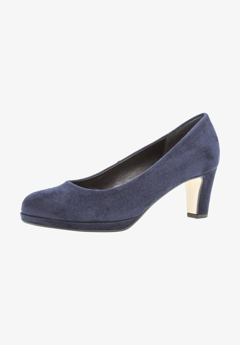 Escarpin en daim bleu marine avec un bout arrondi, une tige texturée et un talon de hauteur moyenne avec un accent métallique à l'arrière.