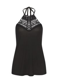Black halter top featuring a sheer lace yoke with an intricate floral pattern, adjustable straps, and a loose, flowy fabric lower body.