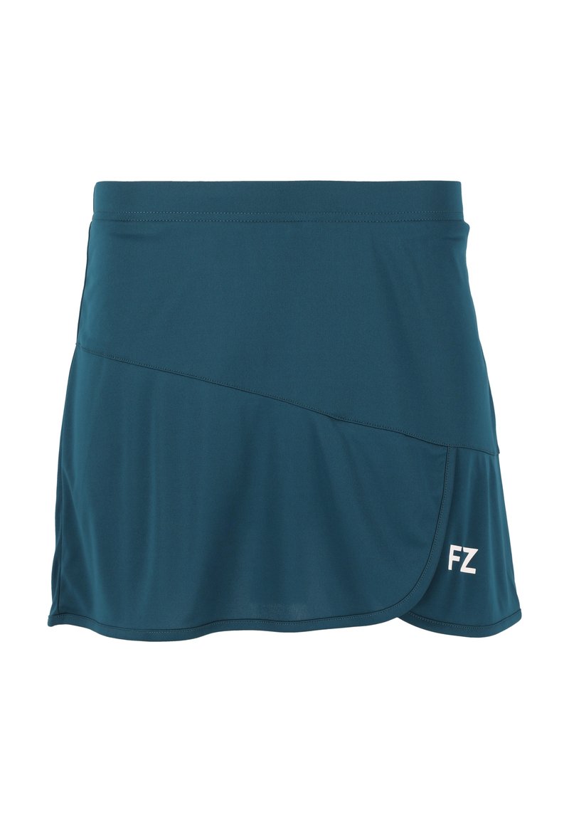 Teal træningsskørt med et asymmetrisk design, lavet af letvægtsstof. Har en glat tekstur og et hvidt "FZ" logo på siden.