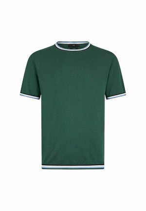 Grünes Kurzarm-T-Shirt aus strukturiertem Stoff, mit kontrastierendem weißen und hellblauen Besatz am Kragen und an den Ärmeln. Normale Passform.