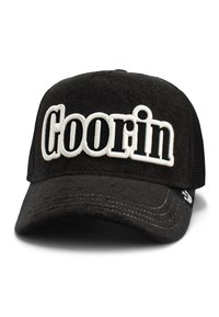 Schwarze Baseballmütze aus strukturiertem Stoff mit gebogenem Schirm. Trägt vorne die weiße Stickerei "Goorin". Mit Netzrücken-Details.