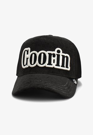 Black baseball cap made of textured fabric with a curved brim. Features "Goorin" embroidered in white on the front. Mesh back detailing.