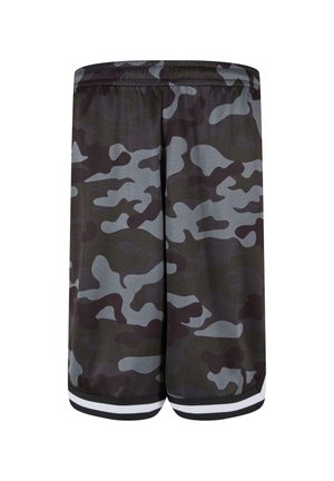 Camouflázs mintás sort, hálós textúrával, főként szürke, sötétzöld részletekkel, elasztikus derékrésszel és fehér csíkkal a szegélyen.