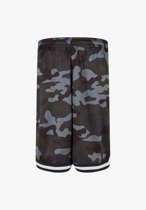 Maskovací šortky s síťovanou texturou, převážně šedé s tmavě zelenými akcenty, elastickým pasem a bílým pruhem na lemu.