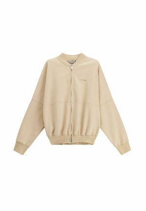 Felpa beige con zip, maniche lunghe, polsini e orlo a costine, e piccolo logo testuale sottile sul petto a sinistra.