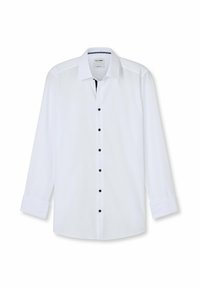 White long-sleeved shirt with black buttons and contrasting inner collar details. Smooth fabric with a classic fit and pointed collar.
