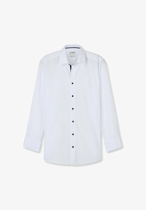 Camicia bianca a maniche lunghe con bottoni neri e dettagli del colletto interno a contrasto. Tessuto liscio con vestibilità classica e colletto a punta.