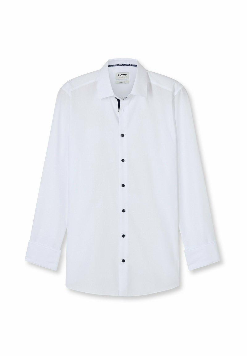 White long-sleeved shirt with black buttons and contrasting inner collar details. Smooth fabric with a classic fit and pointed collar.