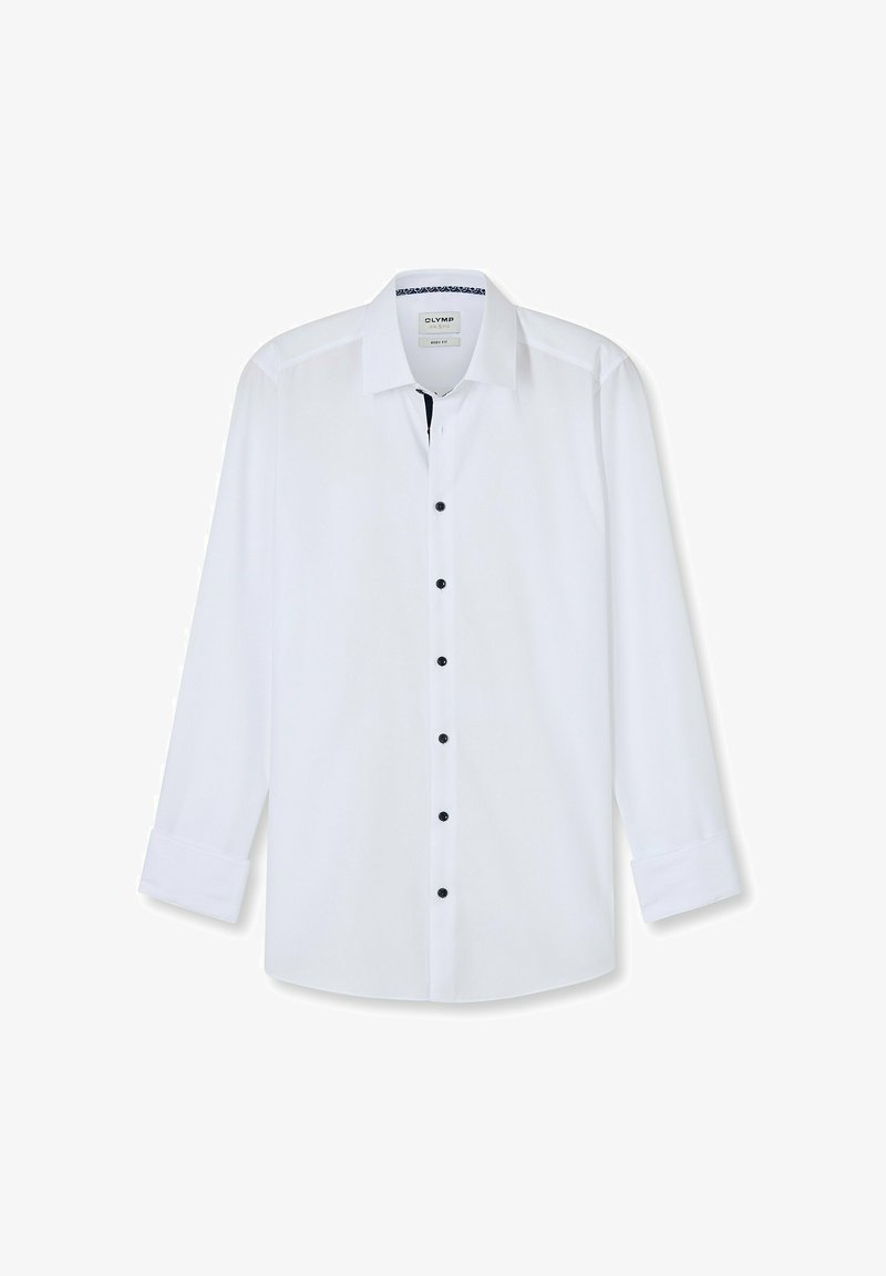 White long-sleeved shirt with black buttons and contrasting inner collar details. Smooth fabric with a classic fit and pointed collar.