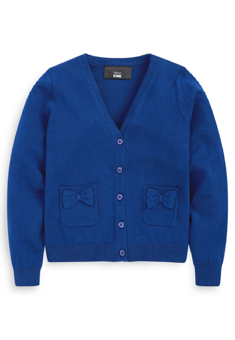 Blauer gestrickter Cardigan mit V-Ausschnitt, sechs Knöpfen und zwei vorderen Taschen mit Schleifenakzenten. Weiche Textur und gerippte Bündchen.