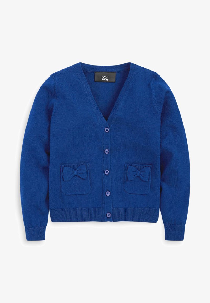 Modrá pletená kardigán s V-výstrihom, šiestimi gombíkmi a dvoma prednými vreckami s mašľovými akcentmi. Mäkkučká textúra a rebrované manžety.