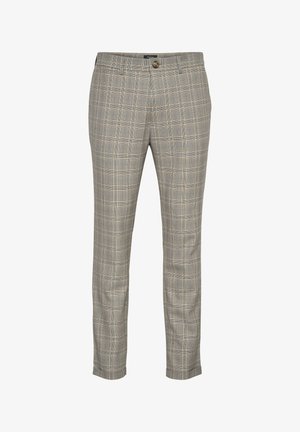Gray plaid trousers featuring a slim fit, smooth fabric texture, single button closure, and belt loops for adjustable sizing.