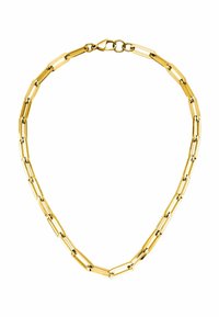 Halskette aus vergoldetem Material mit länglichen Gliedern und glänzender Oberfläche. Ausgestattet mit einem Karabinerverschluss für sicheren Halt.
