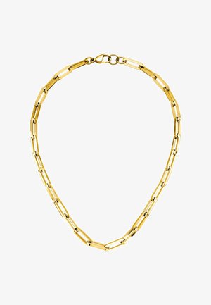 Gold-toned chain necklace featuring elongated links and a polished finish. Includes a lobster clasp for secure fastening.