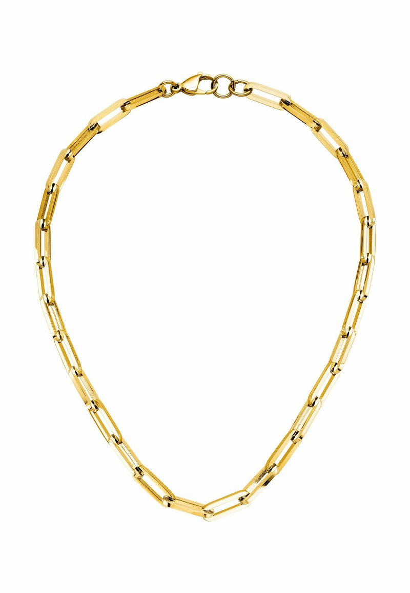 Halskette aus vergoldetem Material mit länglichen Gliedern und glänzender Oberfläche. Ausgestattet mit einem Karabinerverschluss für sicheren Halt.