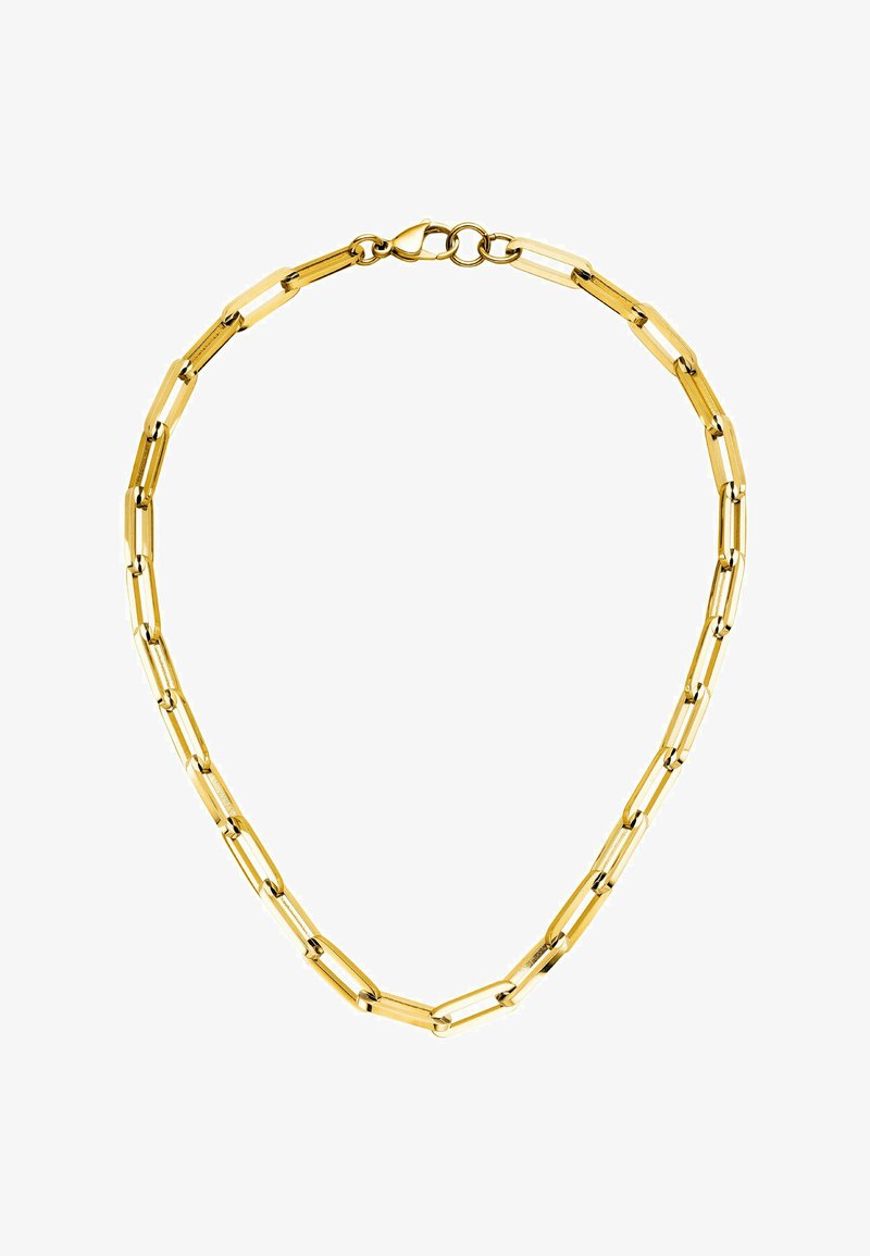 Halskette aus vergoldetem Material mit länglichen Gliedern und glänzender Oberfläche. Ausgestattet mit einem Karabinerverschluss für sicheren Halt.